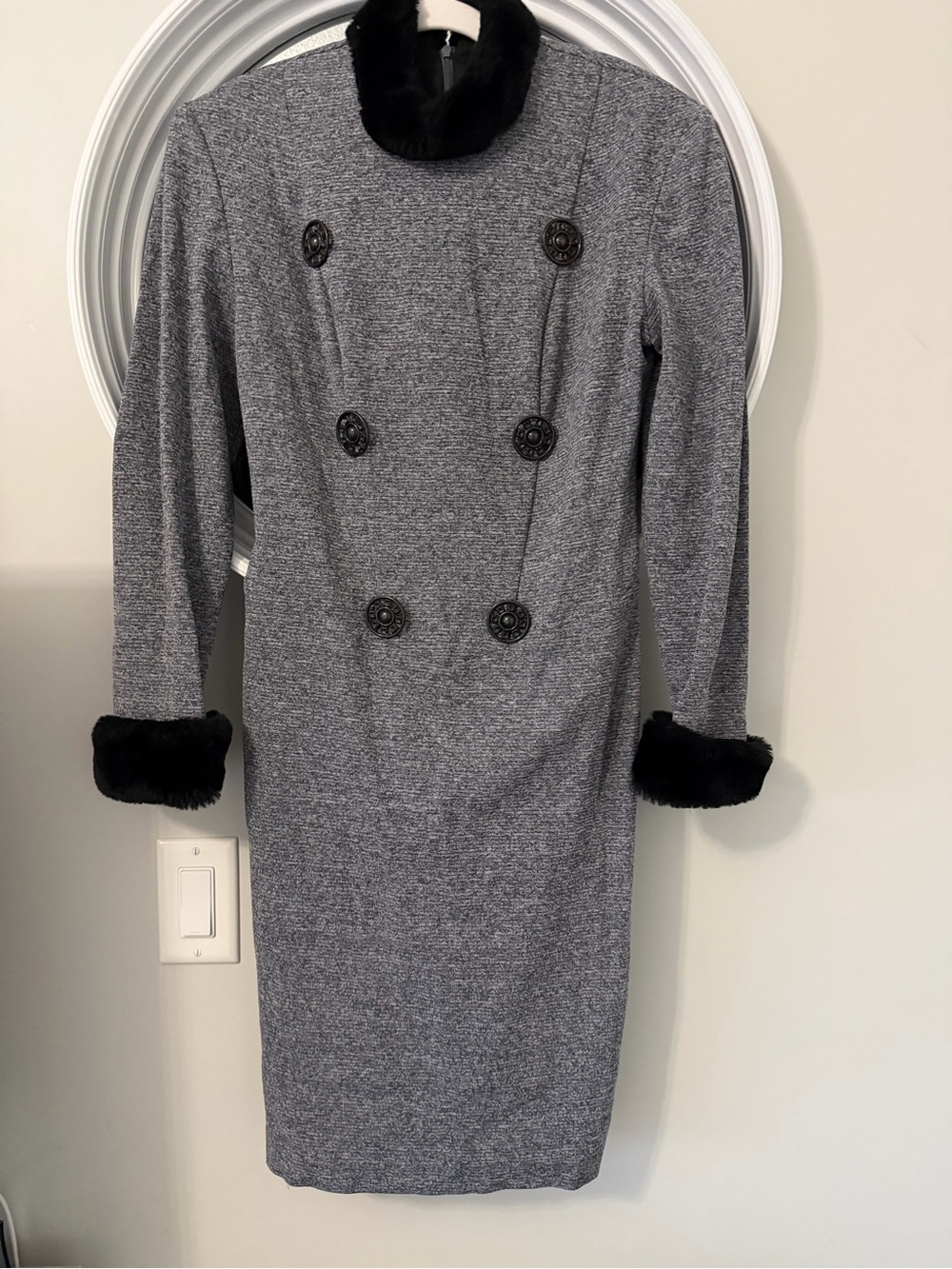 Vintage Joseph Ribkoff Faux Fur Trim Grey Tweed Sheath Dress Size 8